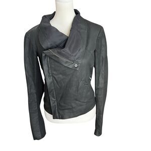 VEDA Black Leather Moto Jacket Draped Collar Asymmetric Zip Size S